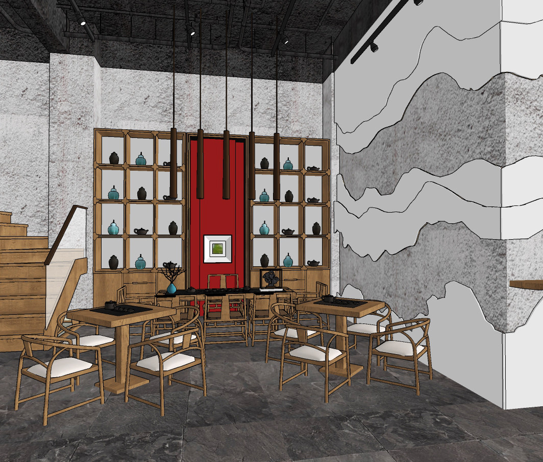 新中式茶楼，茶馆餐厅su草图模型下载