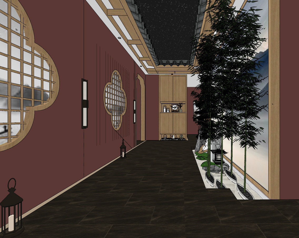 新中式轻奢酒店会所，茶楼，走廊su草图模型下载