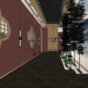 新中式轻奢酒店会所，茶楼，走廊su草图模型下载