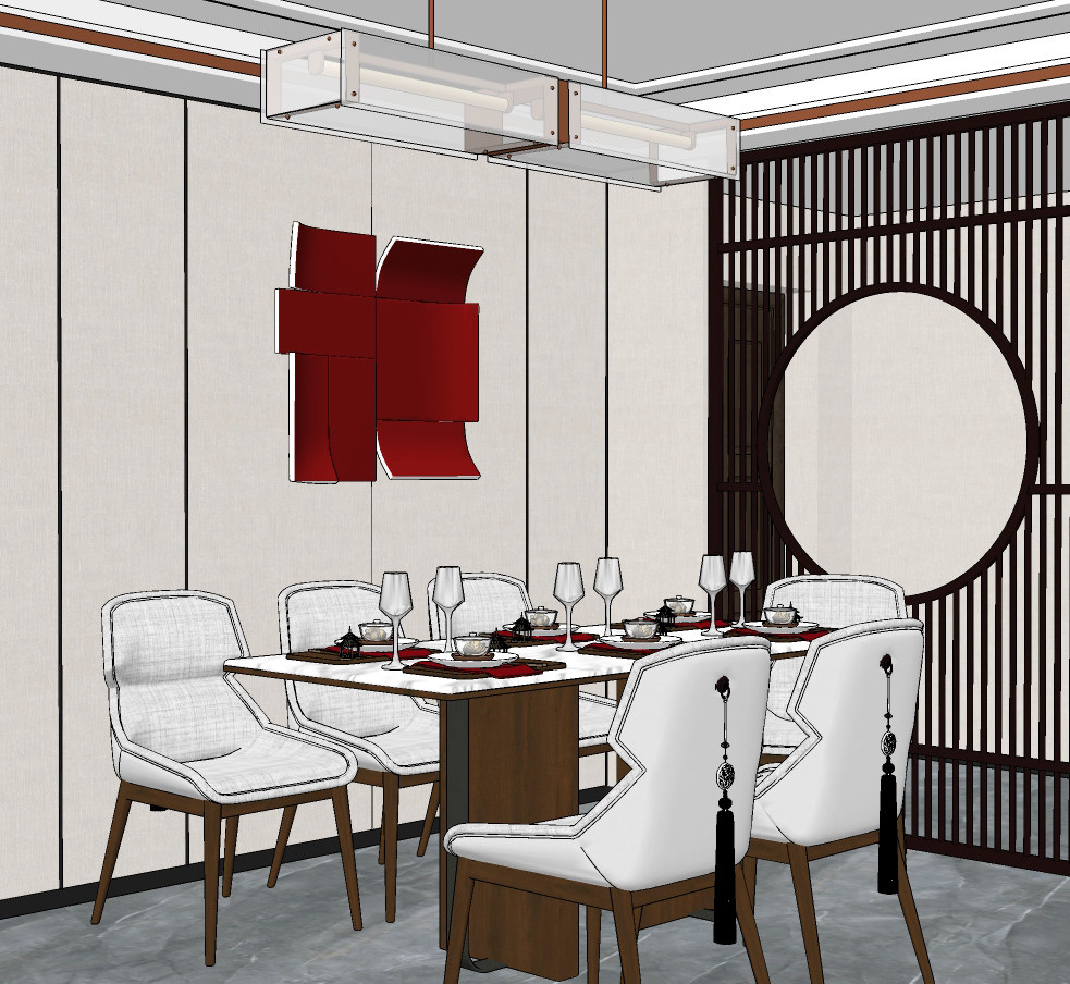 新中式餐厅su草图模型下载