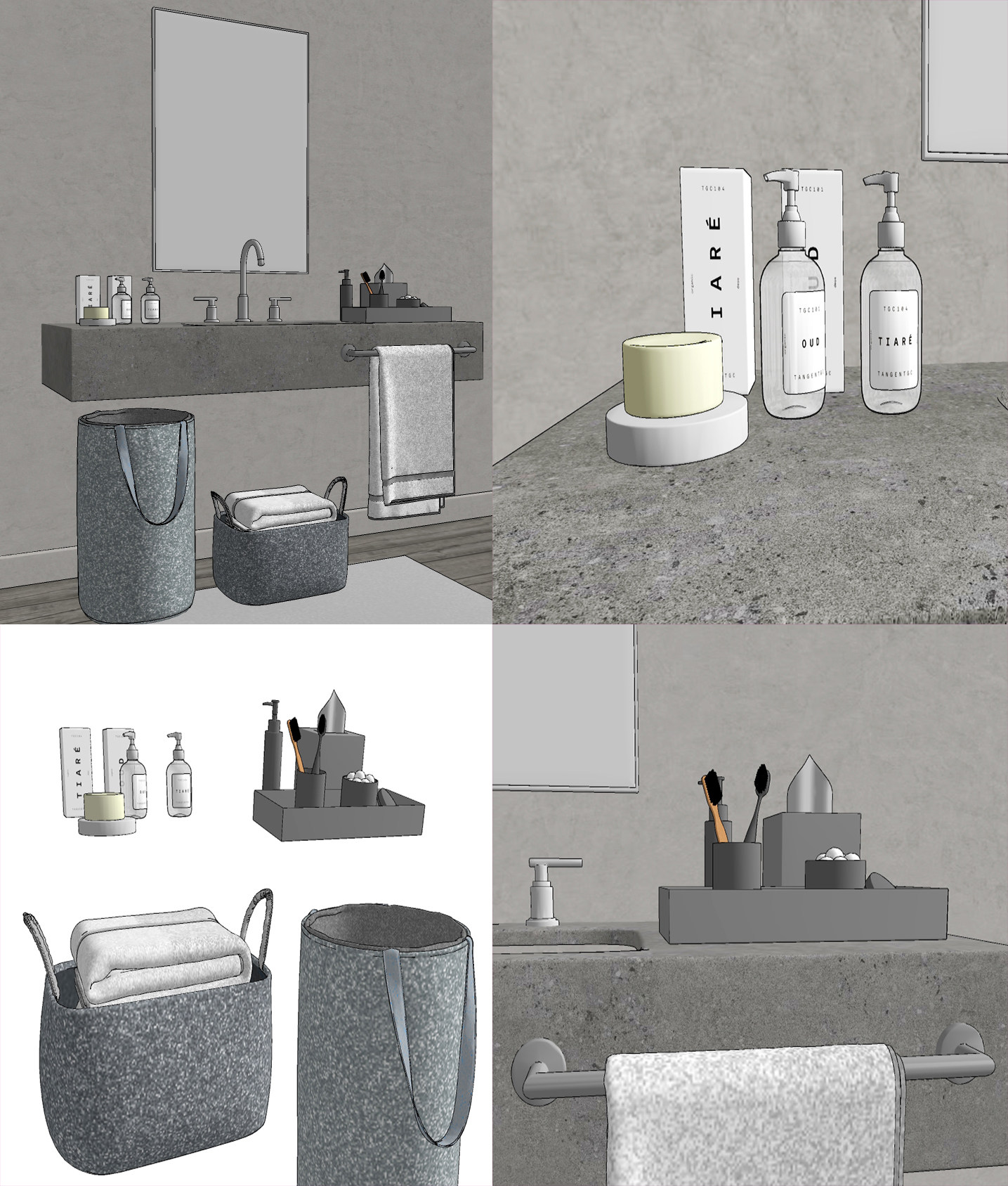 现代浴室柜洗手台洗漱用品su草图模型下载
