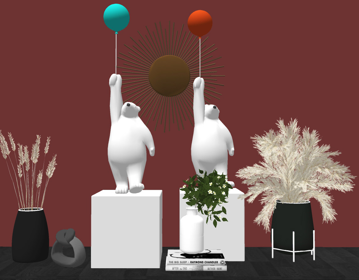 现代北极熊雕塑，干花，花瓶摆件su草图模型下载