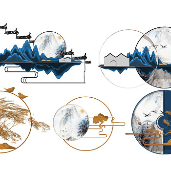 新中式山水墙饰，挂件su草图模型下载