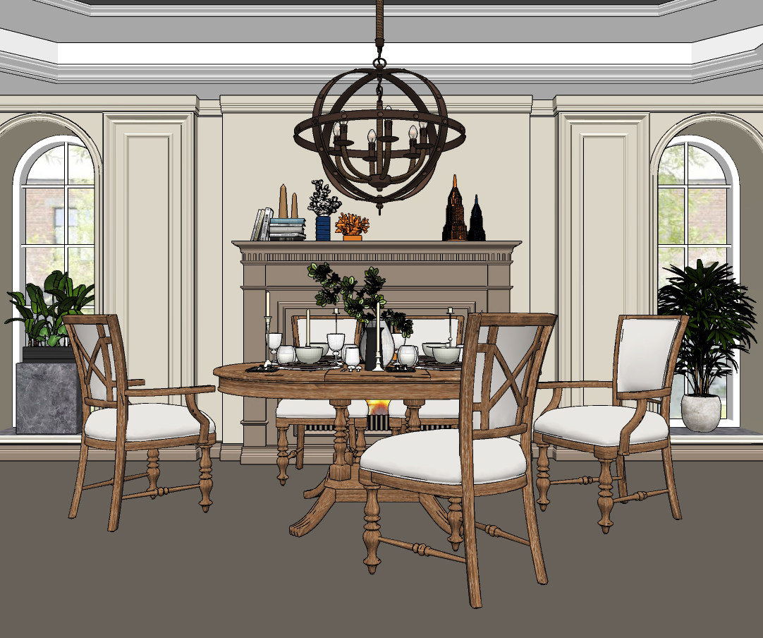 美式简约餐厅圆形餐桌椅su草图模型下载