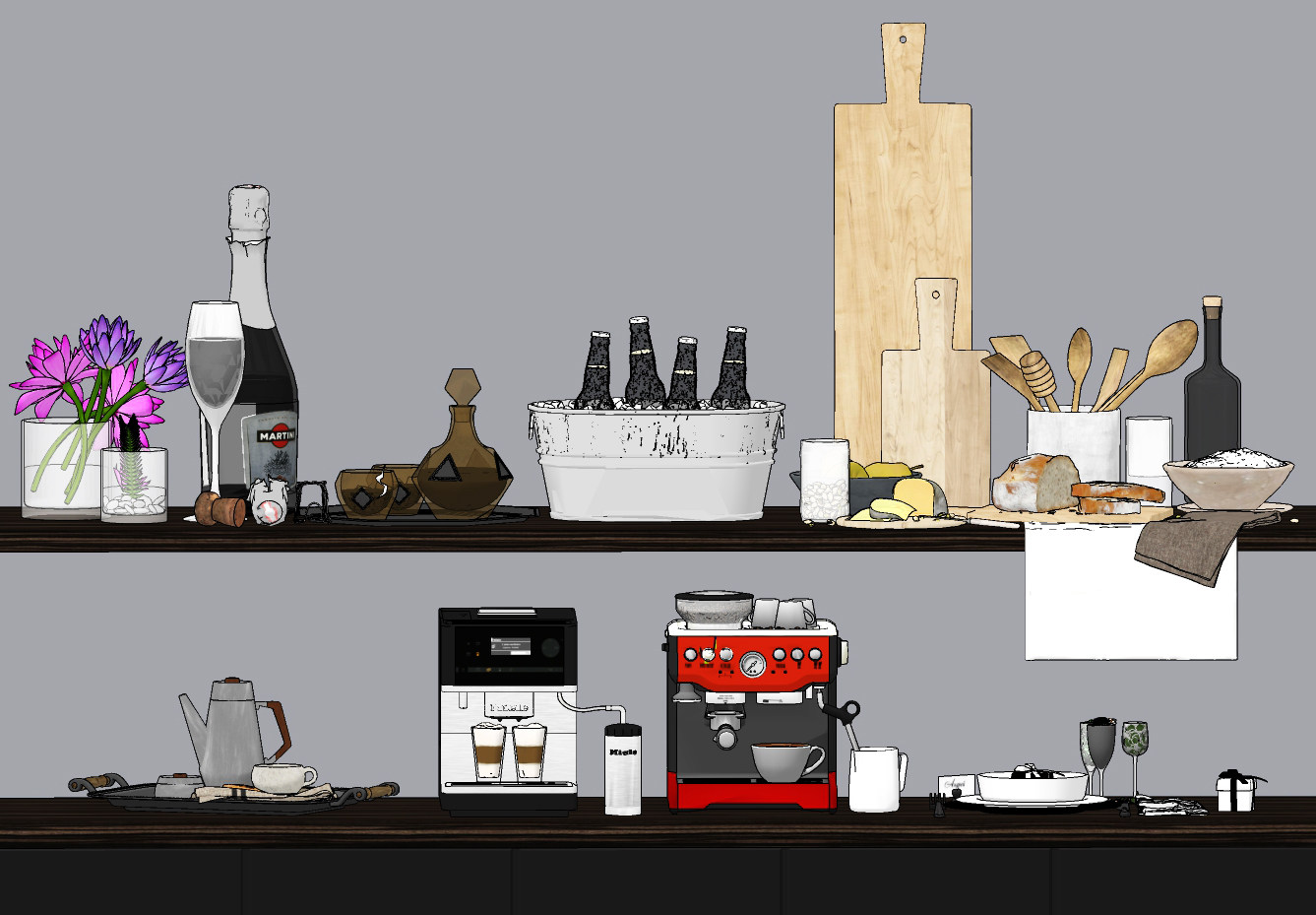 现代咖啡机，酒水，厨房用具su草图模型下载