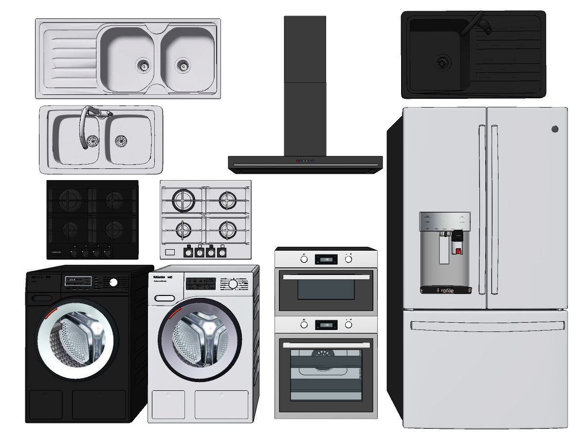 现代冰箱，煤汽灶，滚筒洗衣机，家用电器组合su草图模型下载