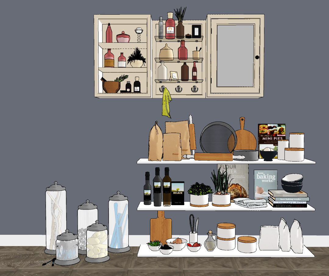 北欧厨房用品，橱柜，调料瓶罐su草图模型下载