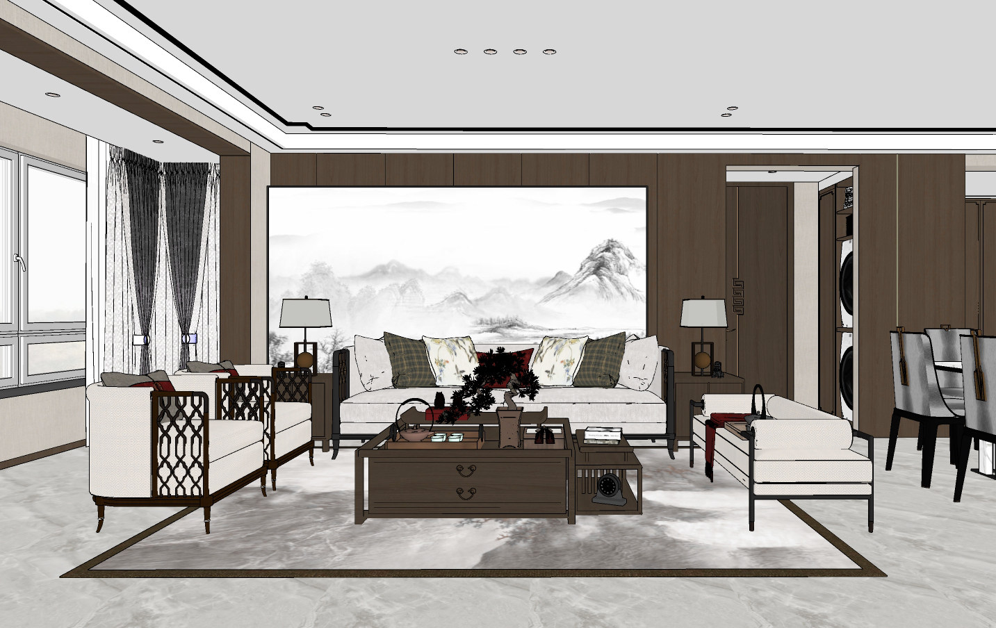 新中式轻奢客厅su草图模型下载