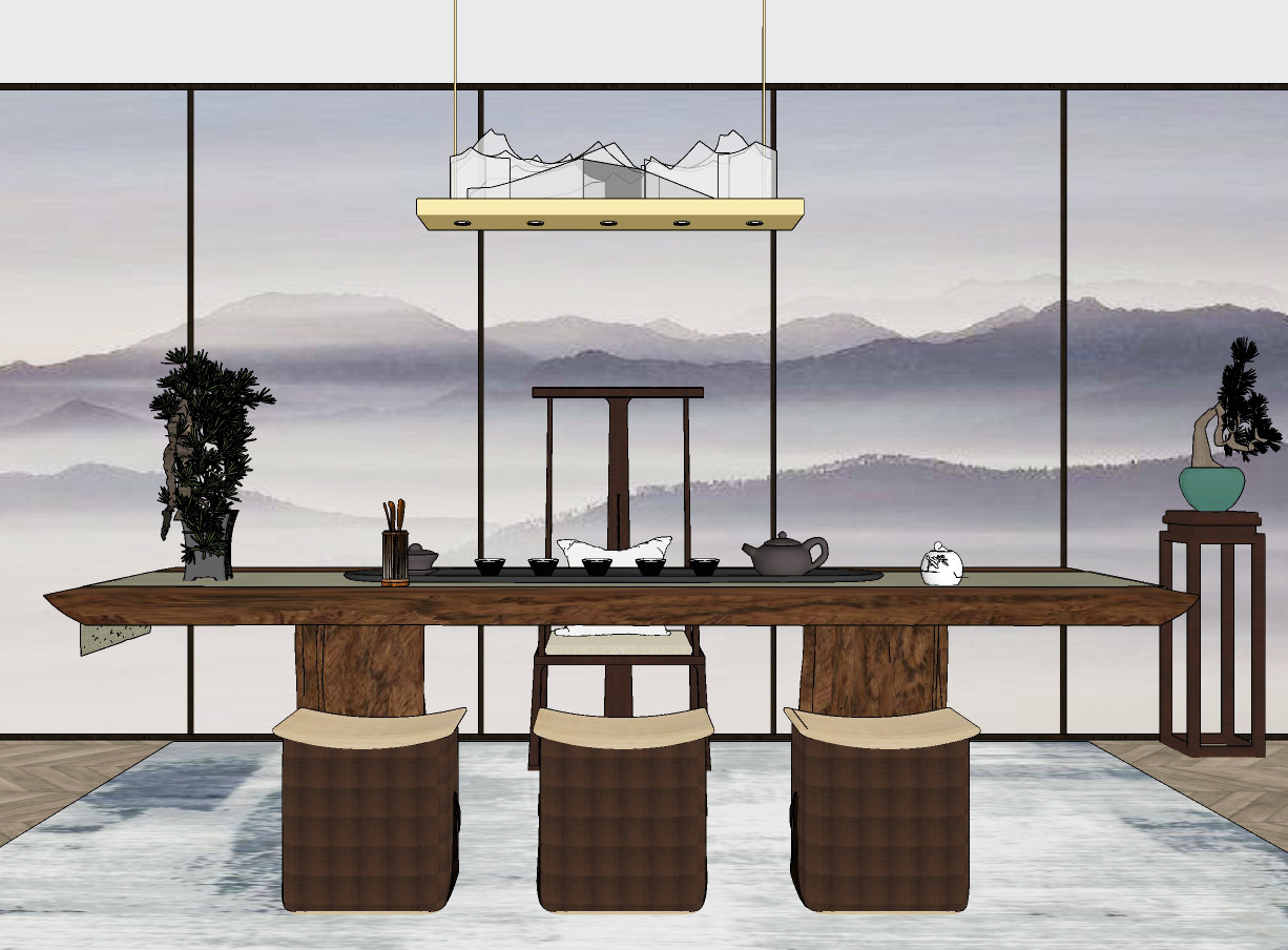 新中式茶桌椅su草图模型下载