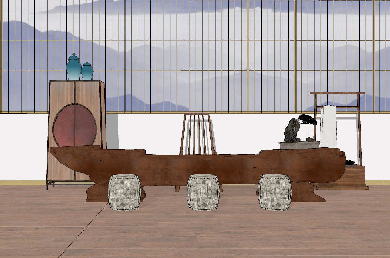 新中式根雕茶桌椅su草图模型下载