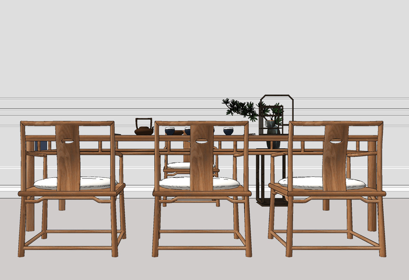 新中式茶桌椅茶具su草图模型下载