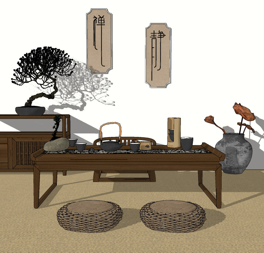 新中式茶桌椅组合su草图模型下载