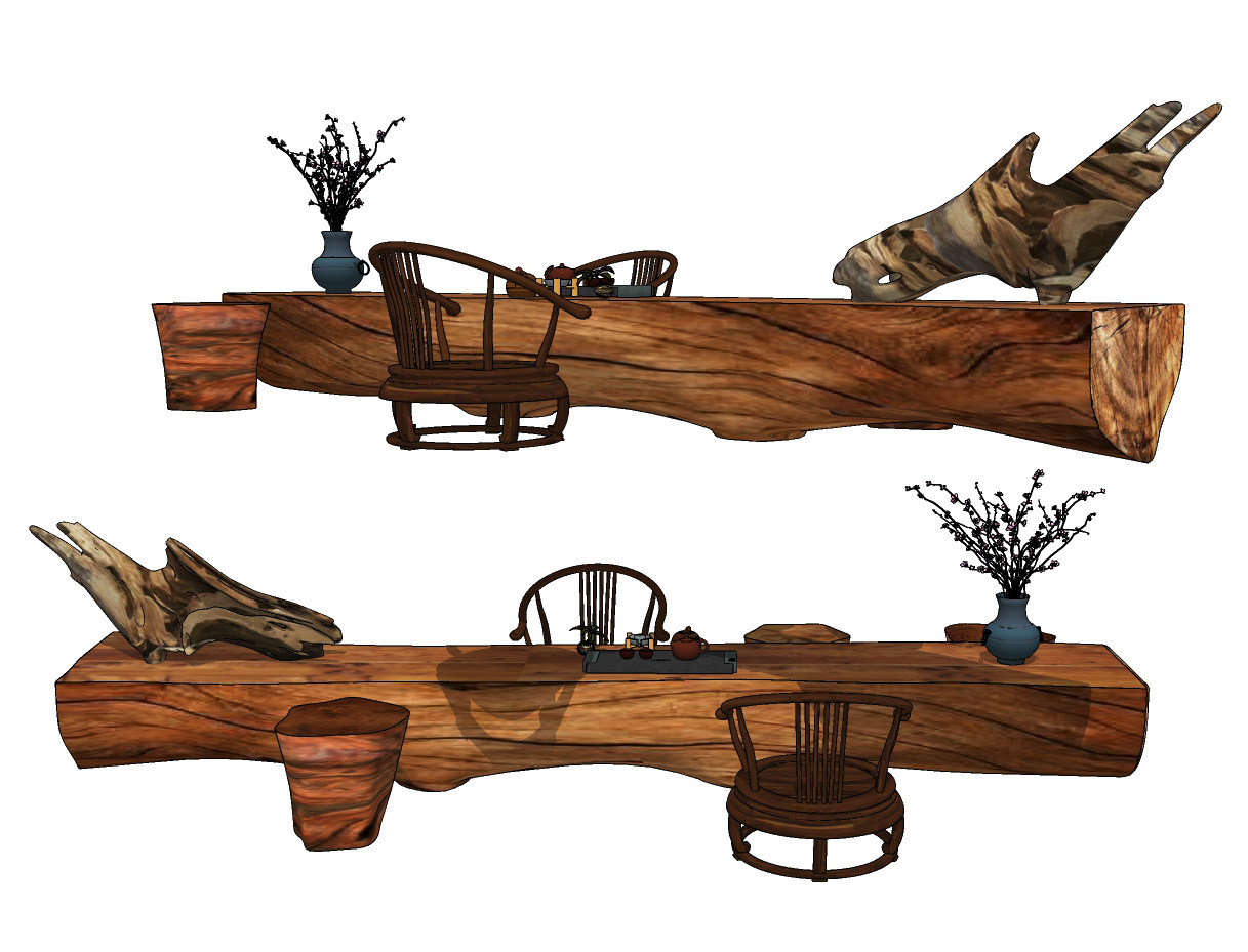 中式根雕，木桩子木墩子，茶桌椅su草图模型下载