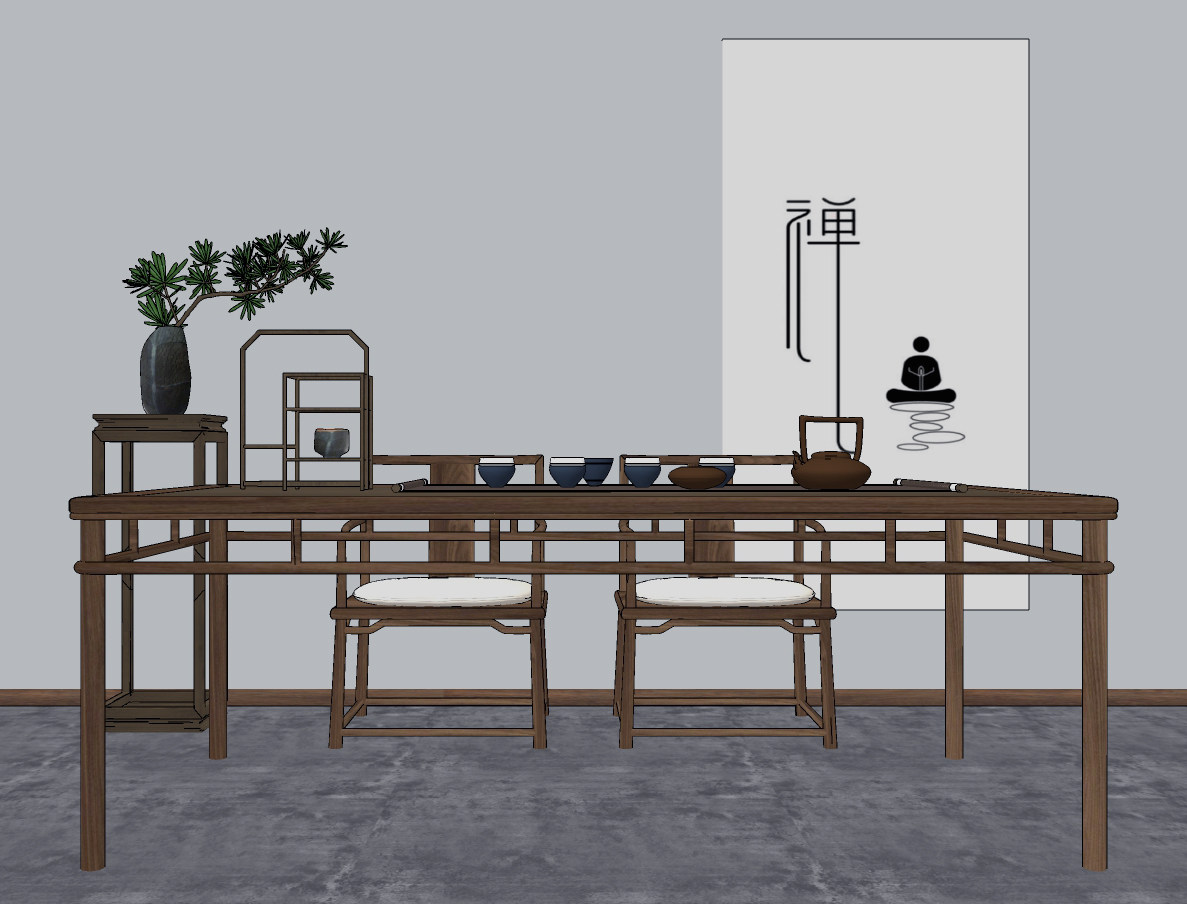 新中式实木茶桌椅su草图模型下载