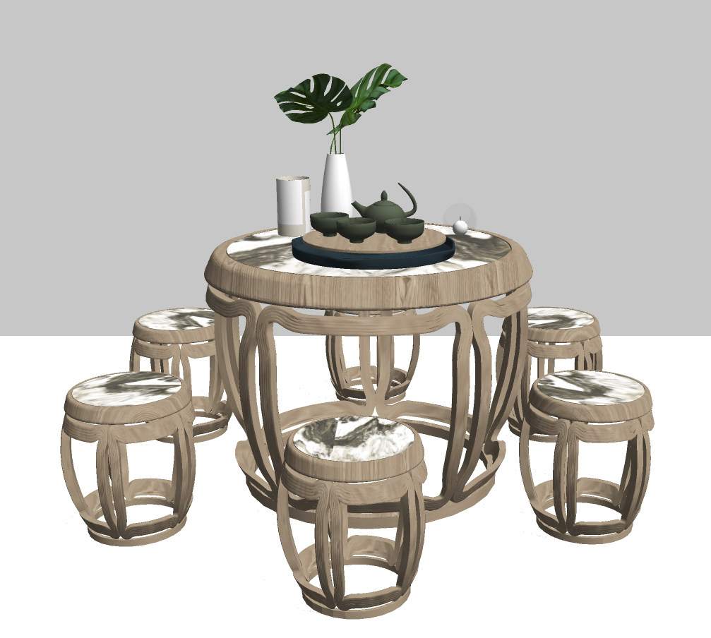 新中式古典实木茶座茶凳茶具组合su草图模型下载