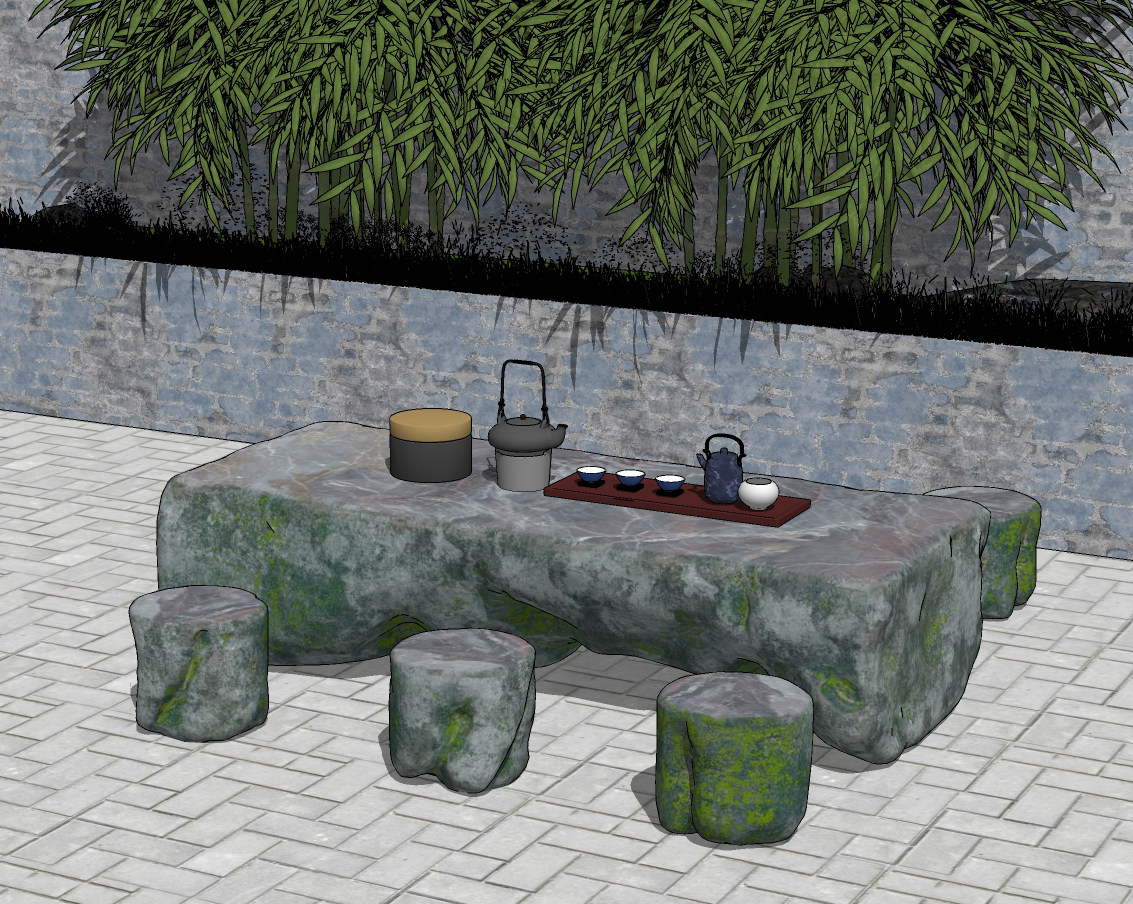 自然风石头茶桌椅，茶壶，茶盏，茶叶盒，草地