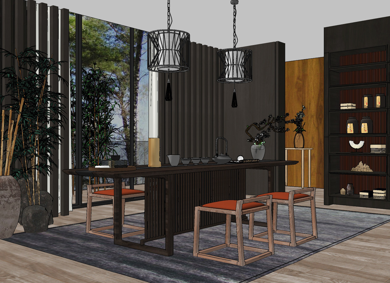 新中式茶室茶桌椅su草图模型下载