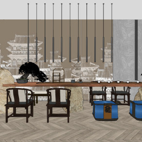 新中式长条形茶桌椅su草图模型下载