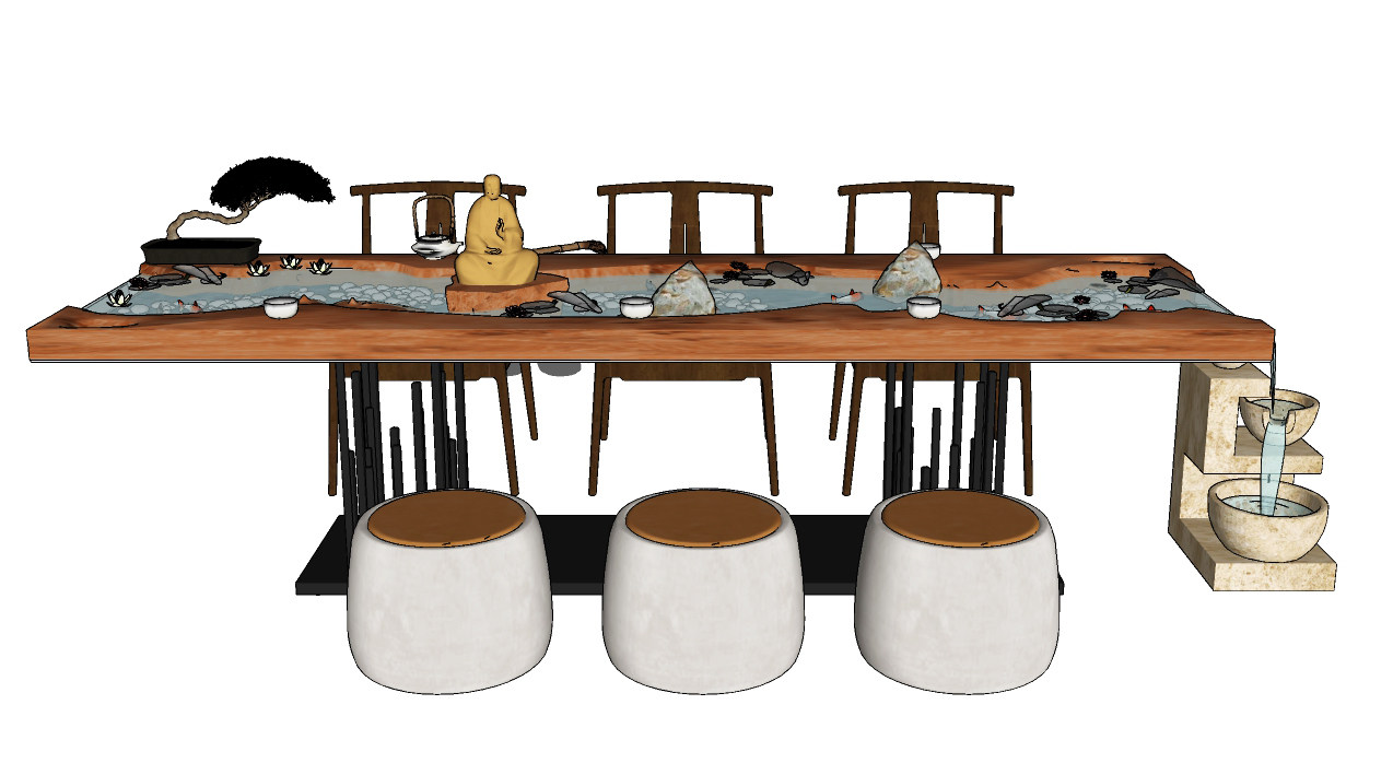 新中式禅意流水茶台茶桌椅su草图模型下载