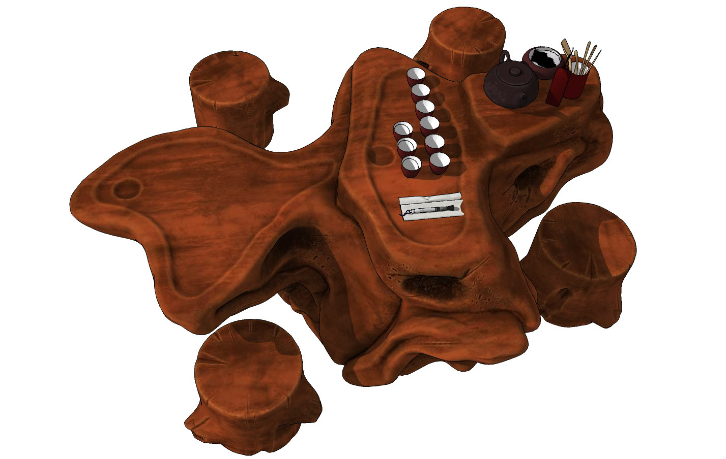 新中式实木根雕茶台茶桌椅su草图模型下载