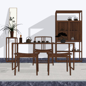 新中式古典实木，明式茶桌椅,su草图模型下载