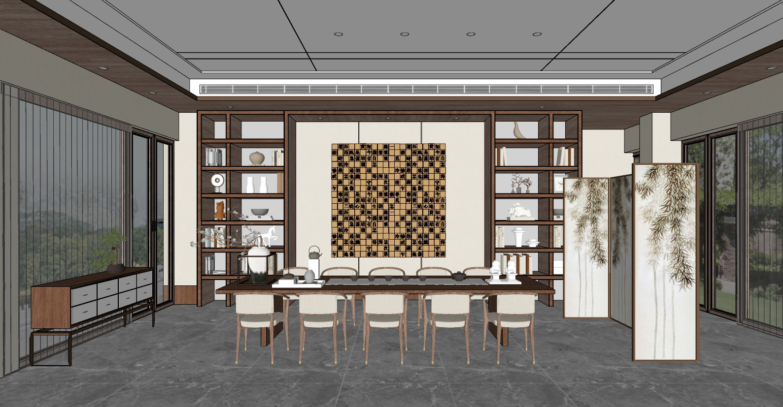史南桥新作 新中式茶室，书房，茶桌椅书柜su草图模型下载