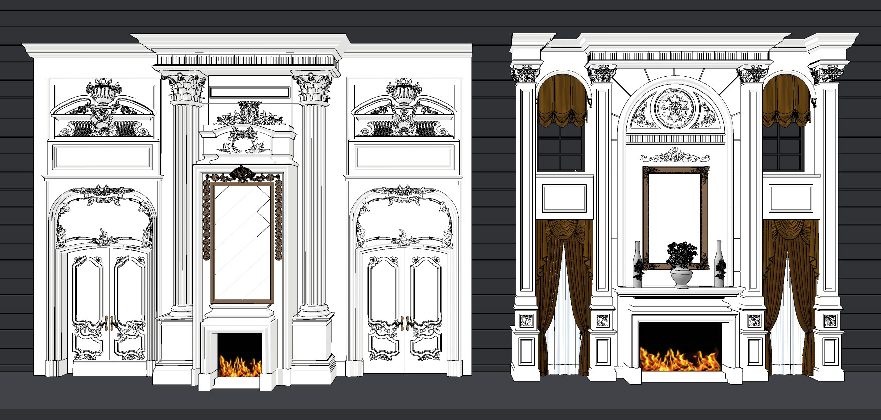 欧式法式雕花，壁炉背景墙，门护墙板su草图模型下载