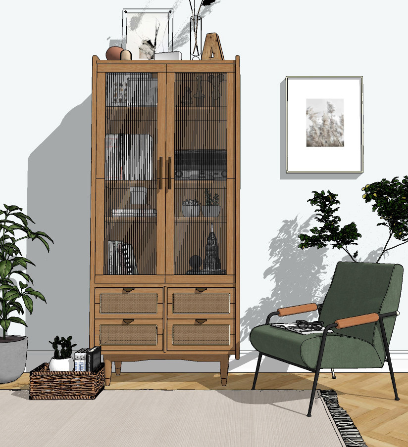 北欧简约书柜,地毯，休闲椅su草图模型下载