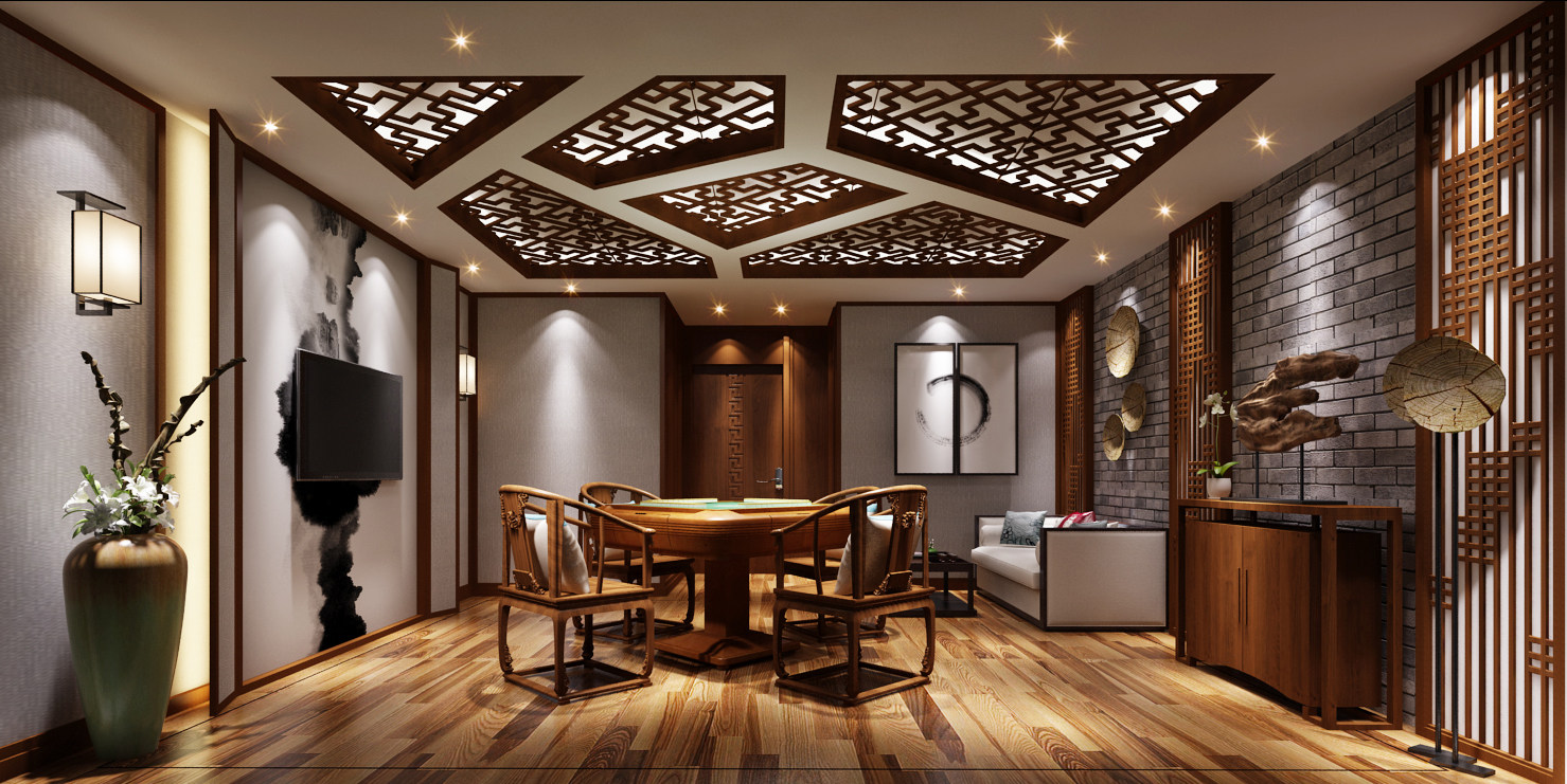 现代新中式茶室书房书柜3D模型下载