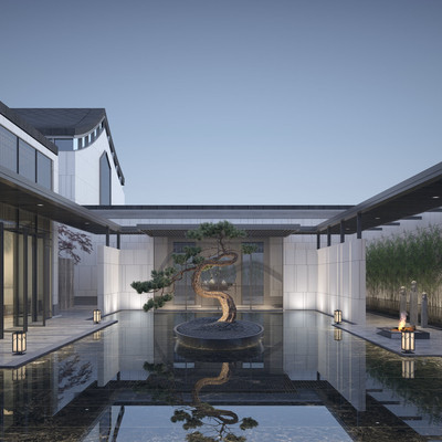 新中式售楼处庭院水景3d模型
