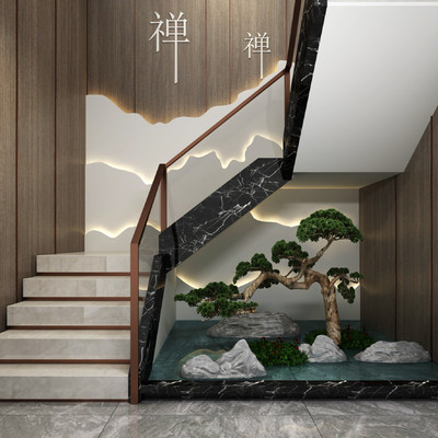 新中式楼梯山水景观3d模型