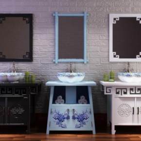 新中式浴室柜洗手盆挂镜艺术台盆3D模型