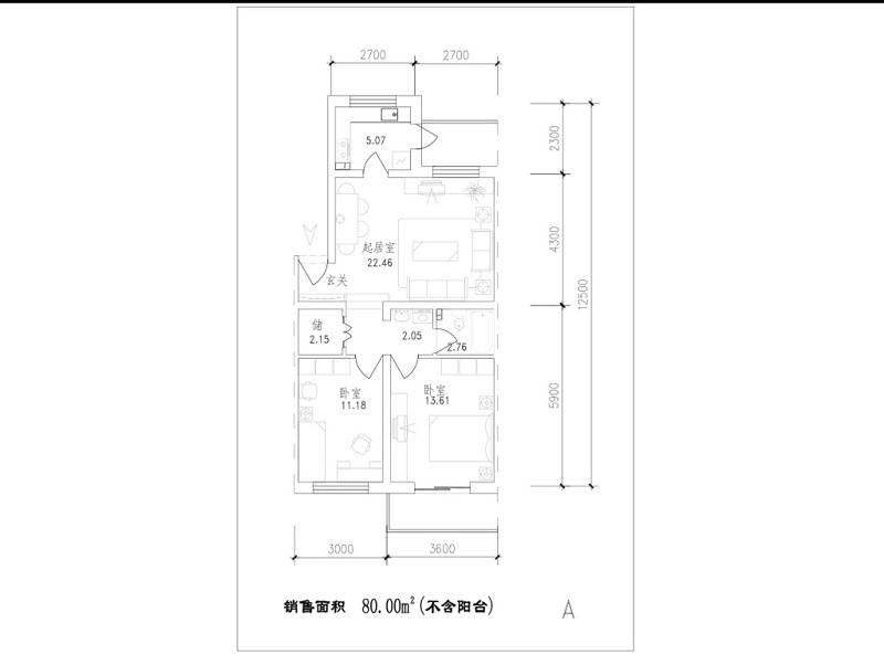 CAD两室一厅布局图