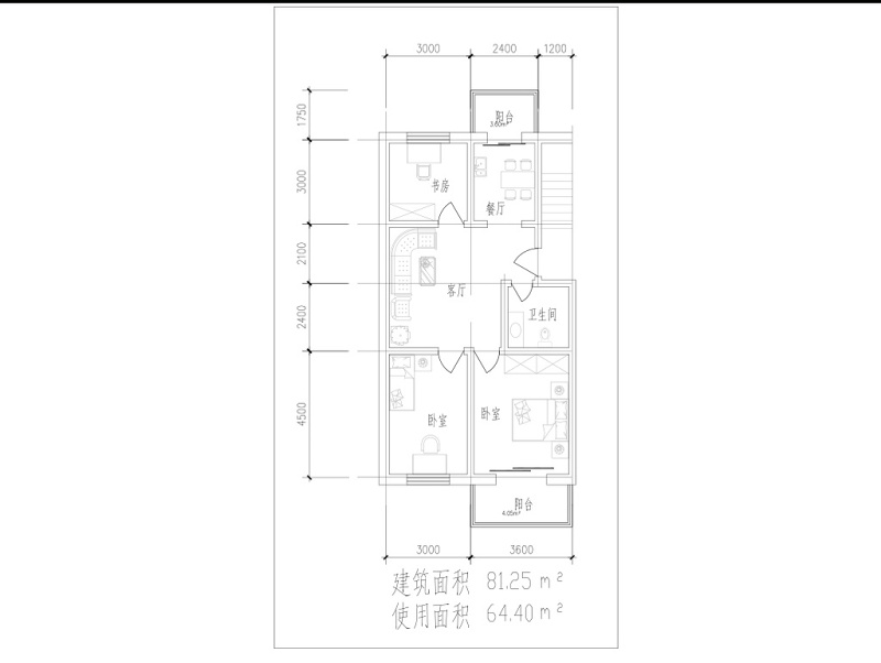 CAD两室两厅一<a href=https://www.yitu.cn/sketchup/shufang/index.html target=_blank class=infotextkey>书房</a>