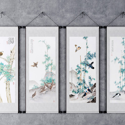 新中式竹子飞鸟装饰画3d模型