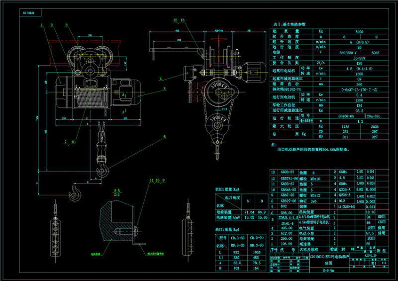 3吨电动葫芦CAD机械<a href=https://www.yitu.cn/su/7937.html target=_blank class=infotextkey>图纸</a>