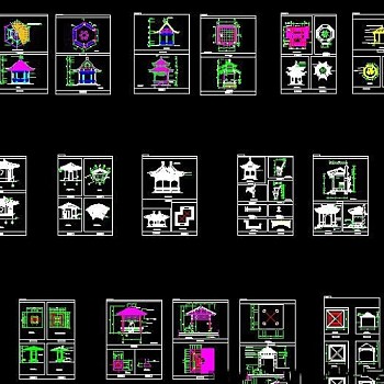 多种仿古木亭圆亭CAD施工图纸