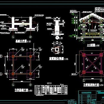 园林景观四角方亭设计CAD施工大样图