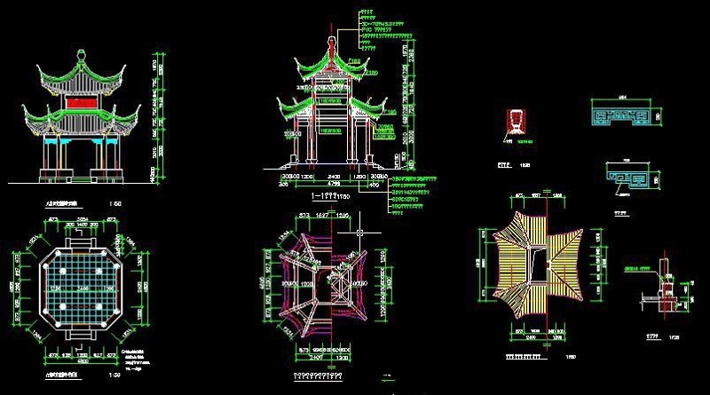 八角<a href=https://www.yitu.cn/su/7053.html target=_blank class=infotextkey>亭</a>古建筑完整CAD施工<a href=https://www.yitu.cn/su/7937.html target=_blank class=infotextkey>图纸</a>