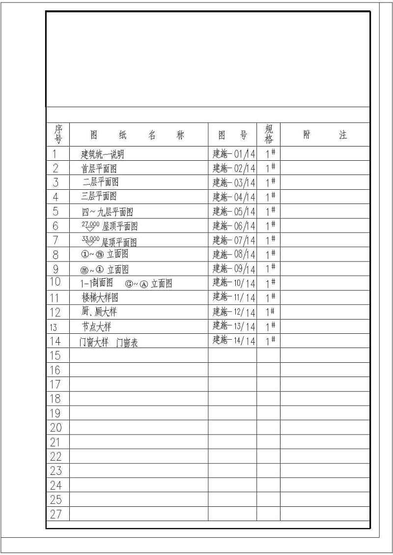 某九层<a href=https://www.yitu.cn/su/7637.html target=_blank class=infotextkey>框架</a>结构住宅<a href=https://www.yitu.cn/su/8159.html target=_blank class=infotextkey>楼</a><a href=https://www.yitu.cn/su/7590.html target=_blank class=infotextkey>设计</a>cad全套建施图