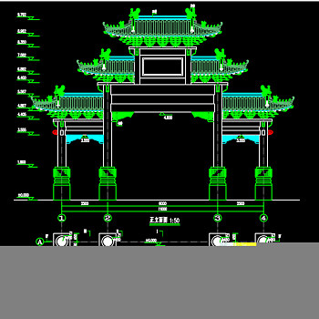 原创歇山式四柱五楼门楼建筑结构CAD图纸-版权可商用