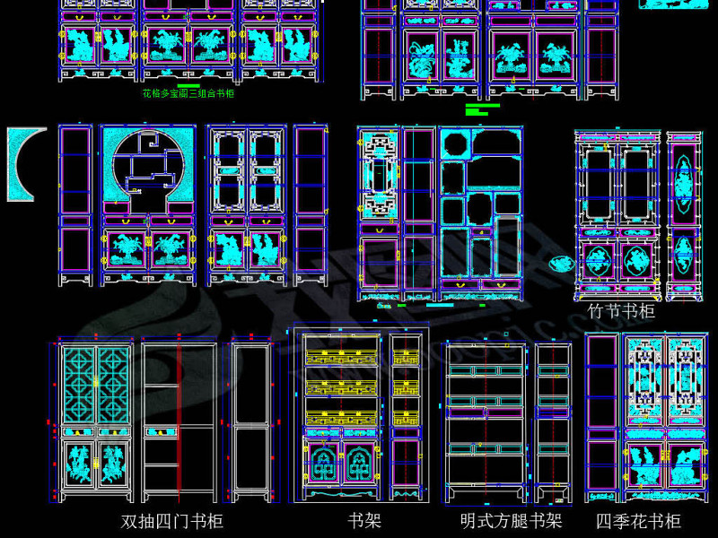 原创中式古典风格<a href=https://www.yitu.cn/sketchup/shugui/index.html target=_blank class=infotextkey>书柜</a>家具CAD图库大全