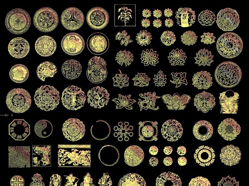 原创中国传统圆形花纹和人物图案金色CAD雕花图库