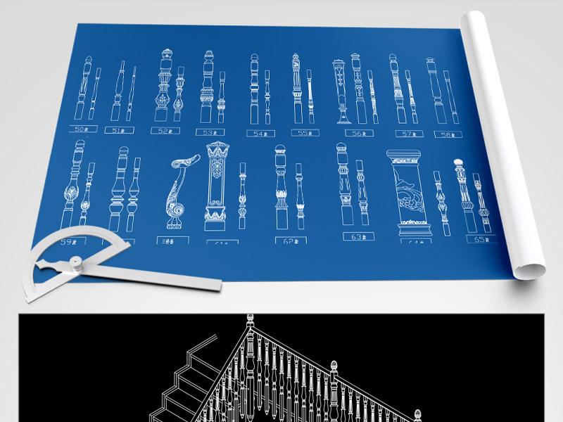 原创欧式楼梯扶手CAD样式图-版权可商用