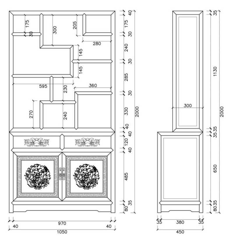 原创中式古典仿古设计书房CAD书架图纸-版权可商用