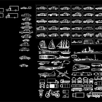原创各种海陆空交通工具设计图纸cad图块图例