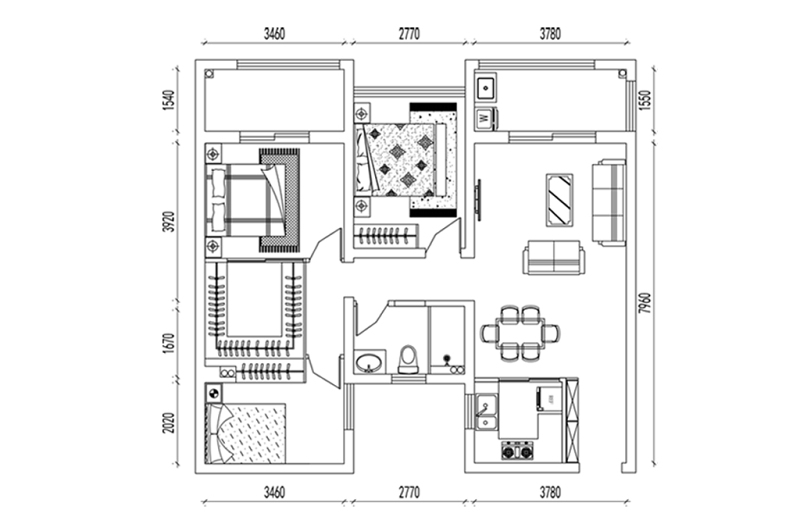 CAD三室两厅<a href=https://www.yitu.cn/su/7212.html target=_blank class=infotextkey>户型</a>方案