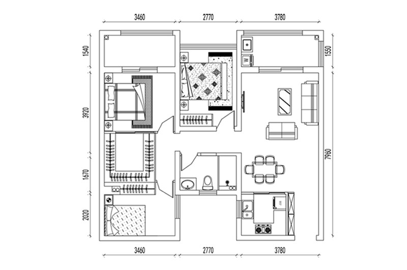 CAD三室两厅户型方案