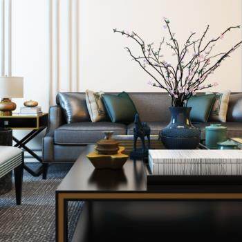 新中式客厅沙发椅子茶几组合3D模型