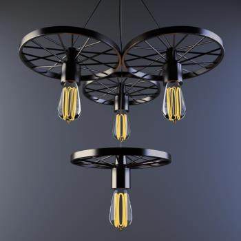 loft创意个性复古工业风吊灯餐厅吧台美式乡村铁艺车轮吊灯3D模型
